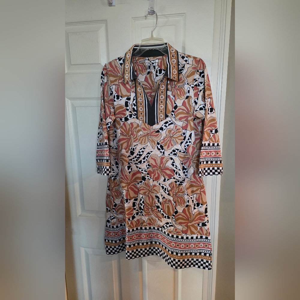 Rezobay Resort Tan Black Floral Polo Neck 3/4 Sleeve Dress Large